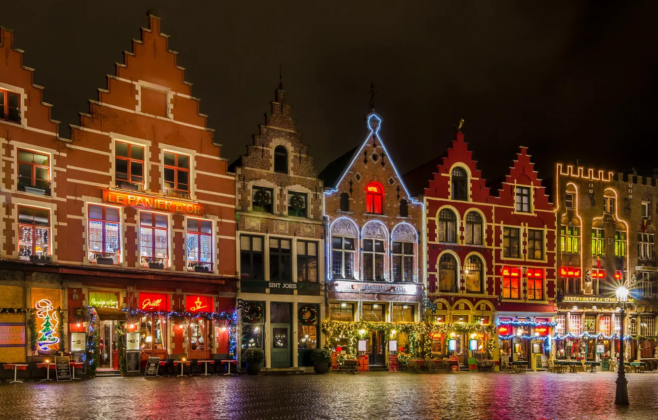 Photo wallpaper night, lights, area, Christmas, Belgium, Bruges, The Grote Markt
