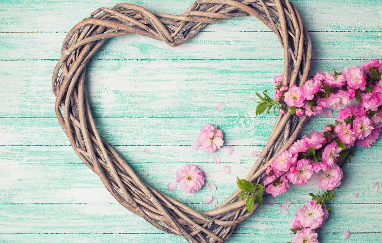 Photo wallpaper flowers, branches, heart, love, pink, buds, heart, wood