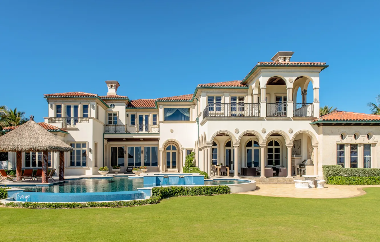 Photo wallpaper summer, the sky, the sun, design, style, palm trees, lawn, blue