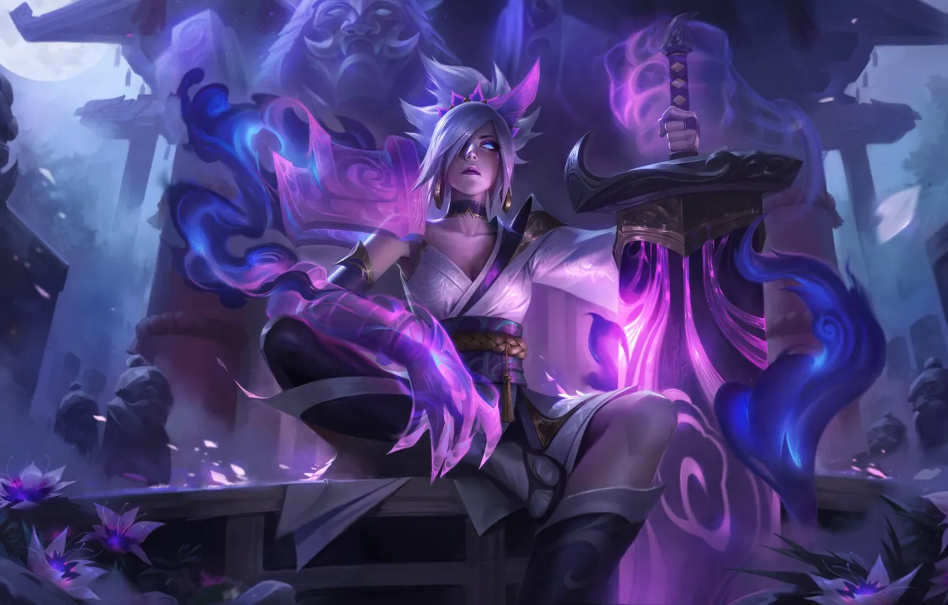 Photo wallpaper weapons, glow, sword, game, blue eyes, beautiful girl, characters, League of Legends