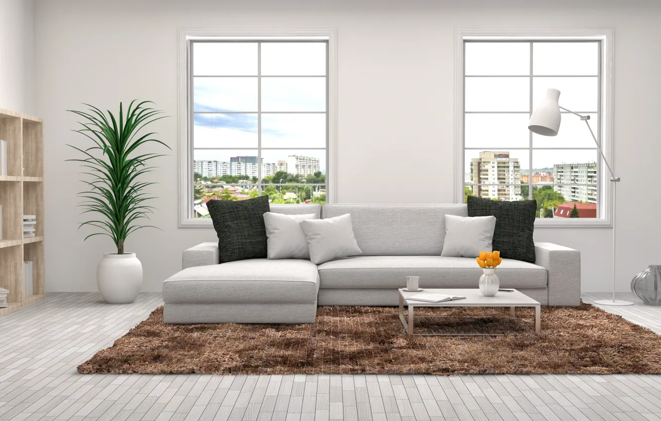 Photo wallpaper design, sofa, furniture, Windows, interior, pillow, living room, decor