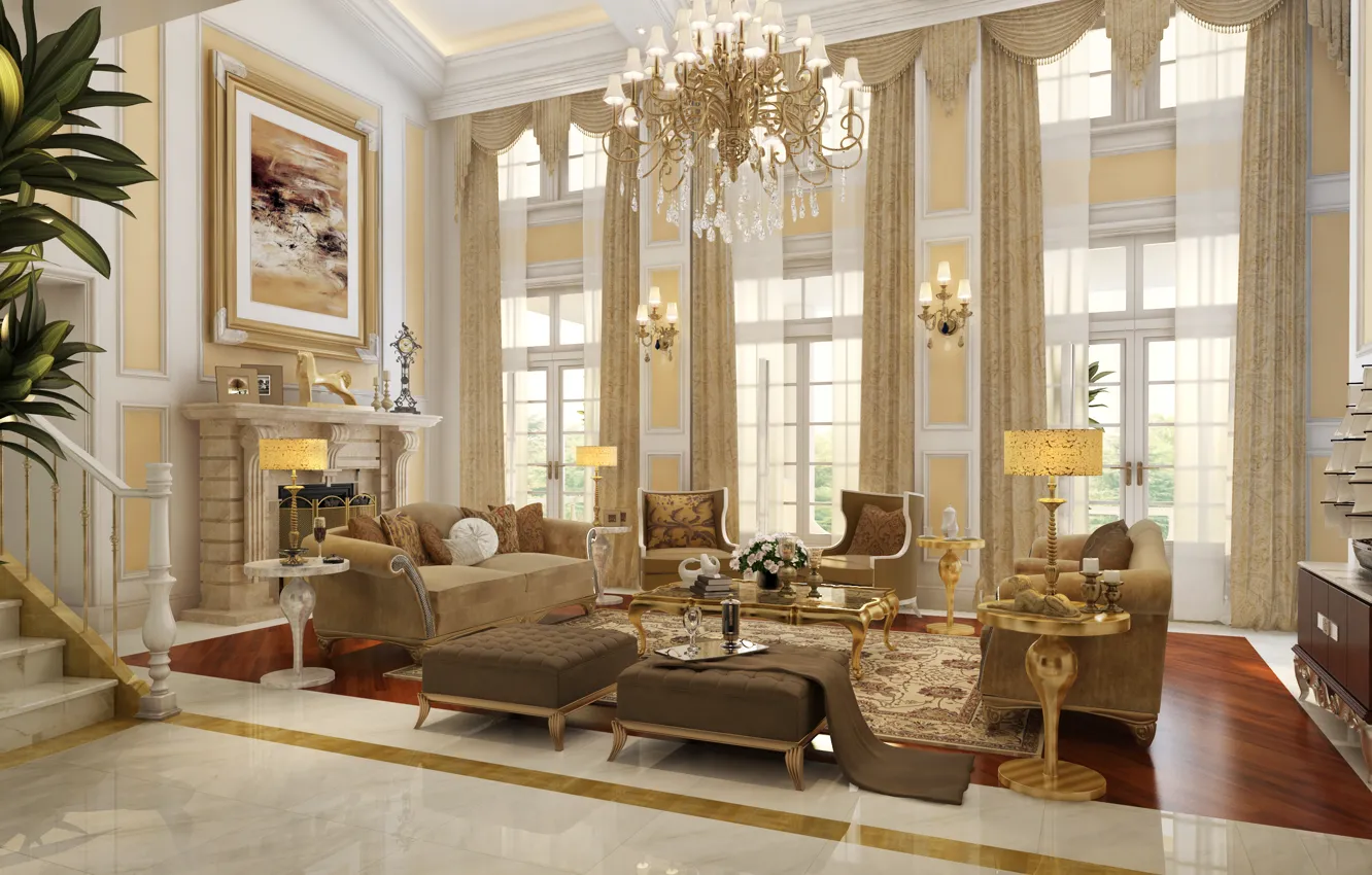 Photo wallpaper design, style, Villa, interior, fireplace, living room, Dom-castle