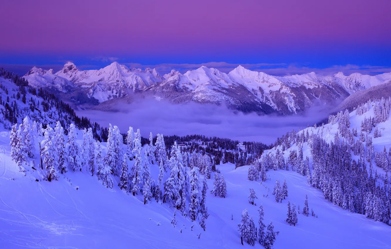 Photo wallpaper Clouds, Sky, Purple, Winter, Mountain, Snow, Landscape