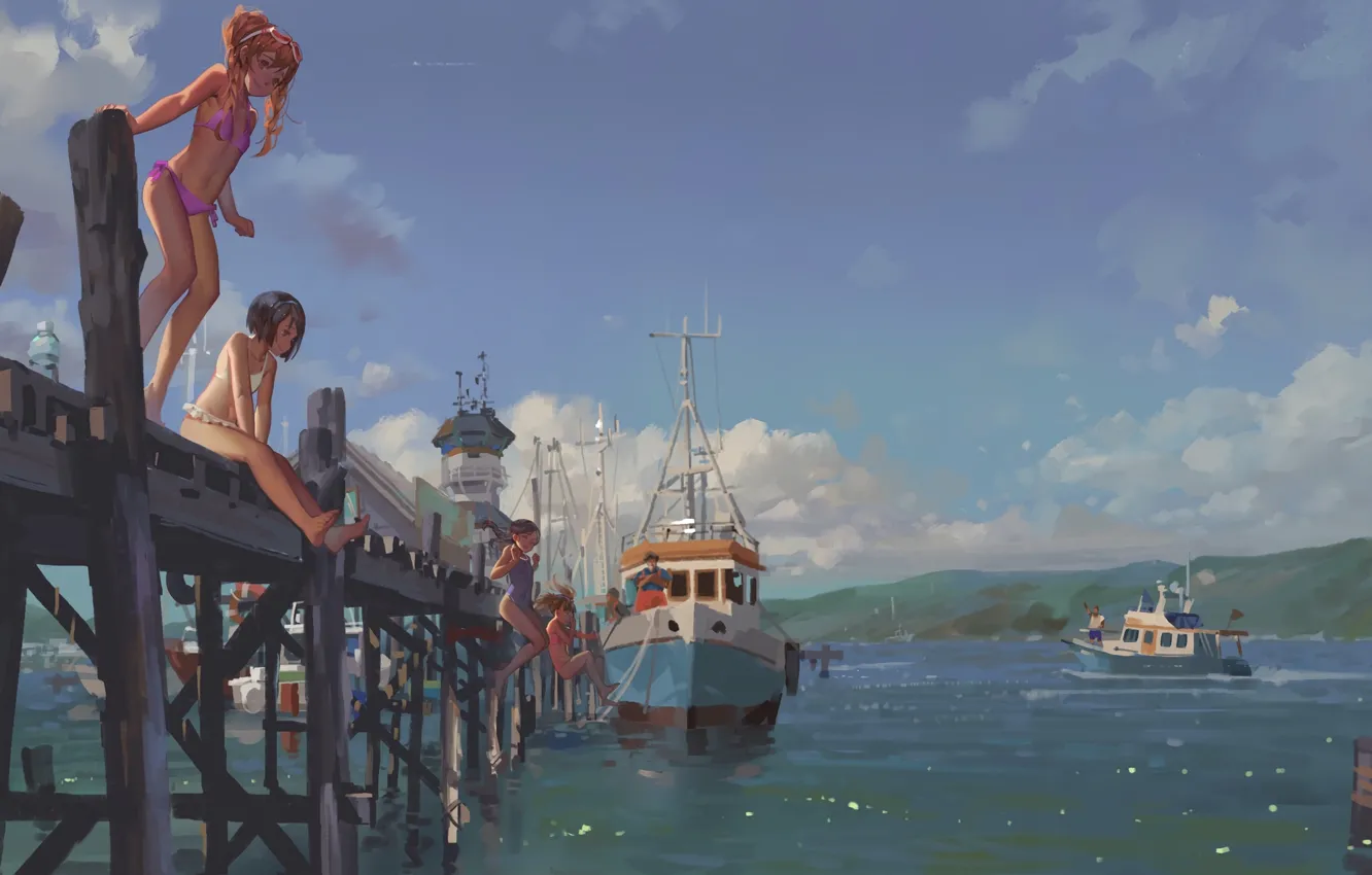 Photo wallpaper girl, bridge, boat, Marina