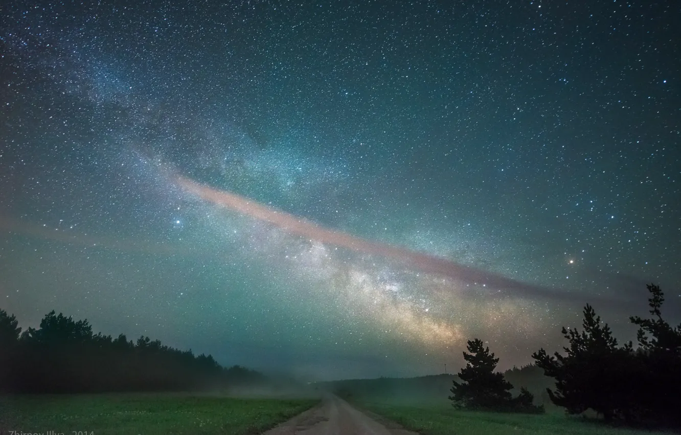 Photo wallpaper road, the sky, stars, trees, night, field, the milky way, forest