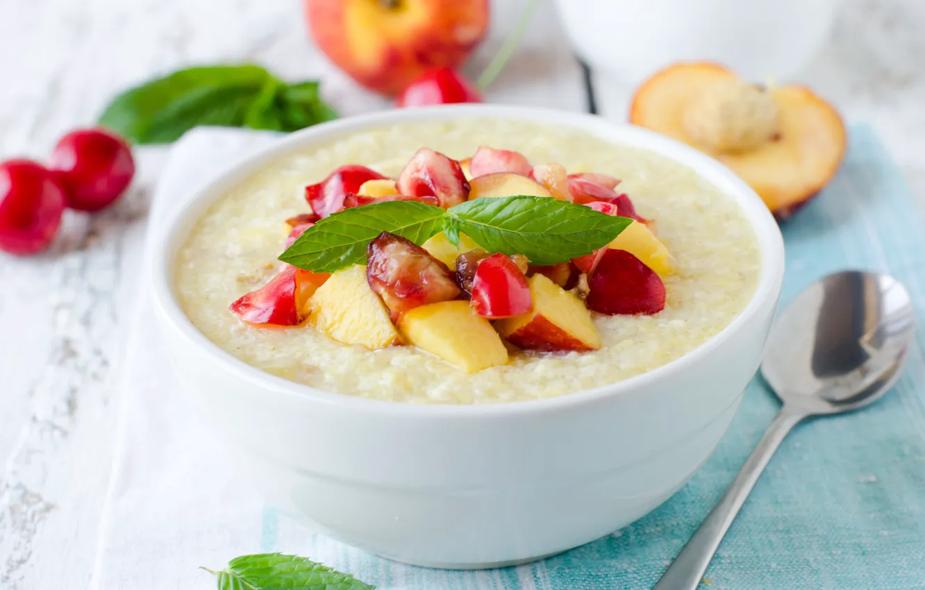 Photo wallpaper peaches, mint, porridge, oatmeal