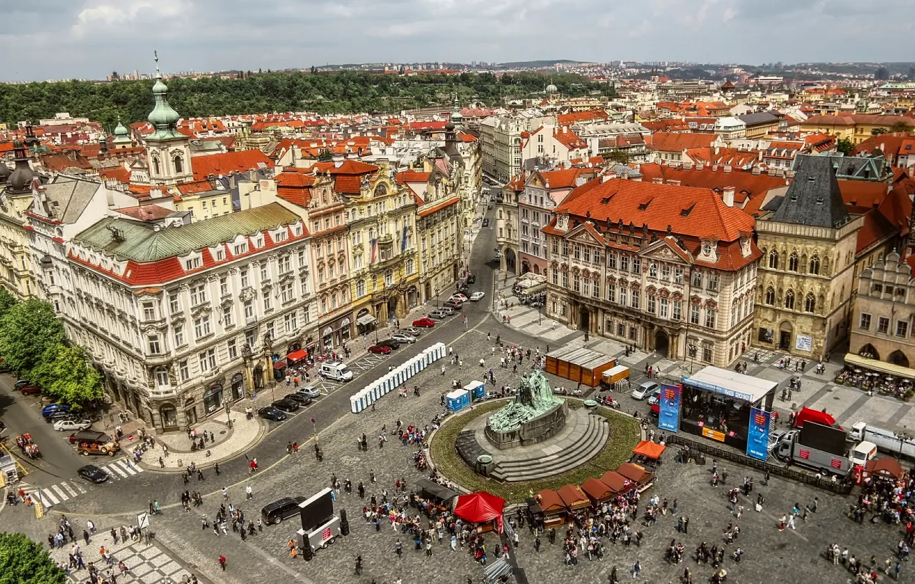 Photo wallpaper street, people, home, Prague, monument, panorama, quarter, Old town square