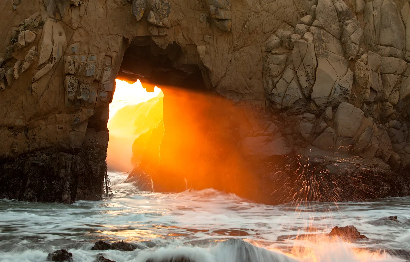 Photo wallpaper sea, wave, the sun, light, squirt, nature, stones, rocks