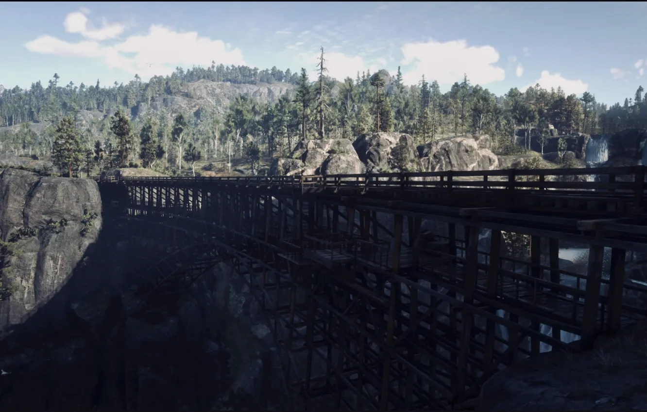 Photo wallpaper HDR, game, bridge, wood, mountain, waterfall, UHD, 4k