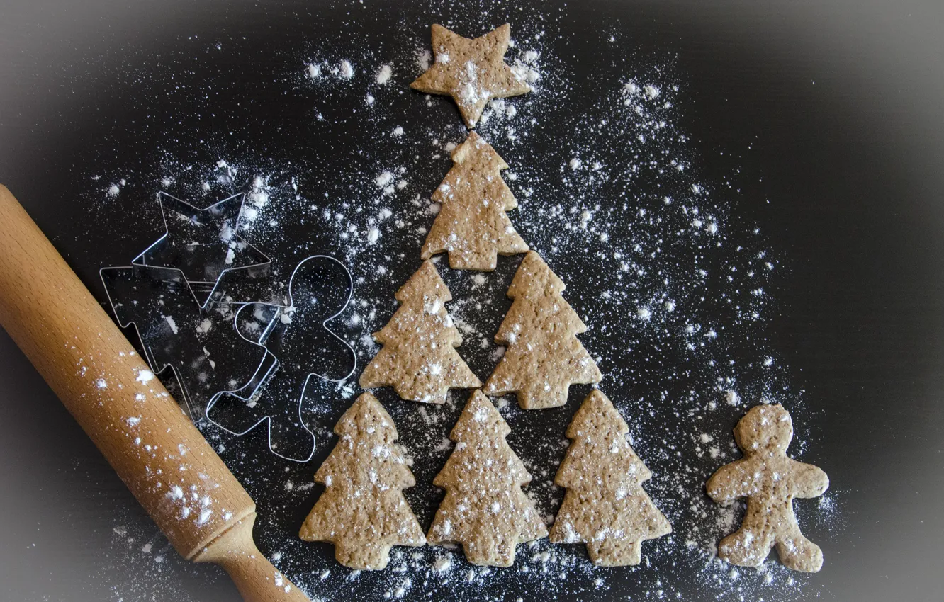 Photo wallpaper tree, new year, cookies, Christmas, rolling pin, the mold