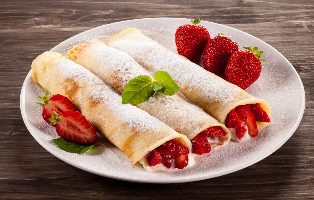 Photo wallpaper berries, Breakfast, strawberry, mint, Strawberry, dessert, powdered sugar, pancake
