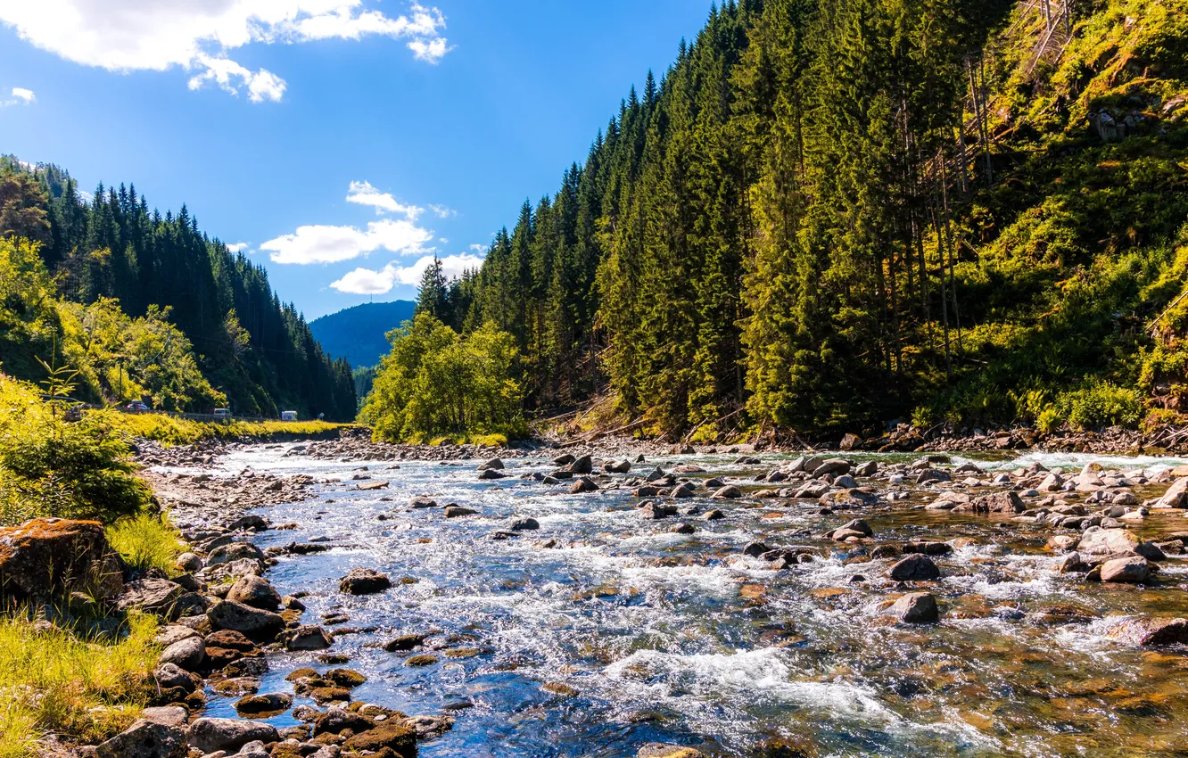 Photo wallpaper Clouds, Trees, River, Summer, Norway, Valley, Norway, Summer