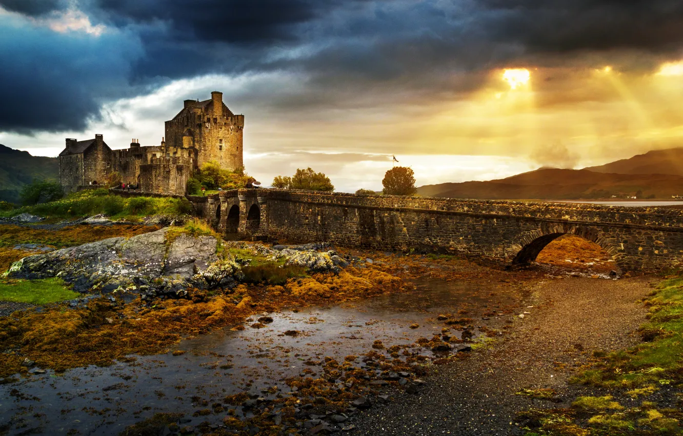 Photo wallpaper the sky, bridge, the city, photo, castle, the ruins, UK, Eilean Donan