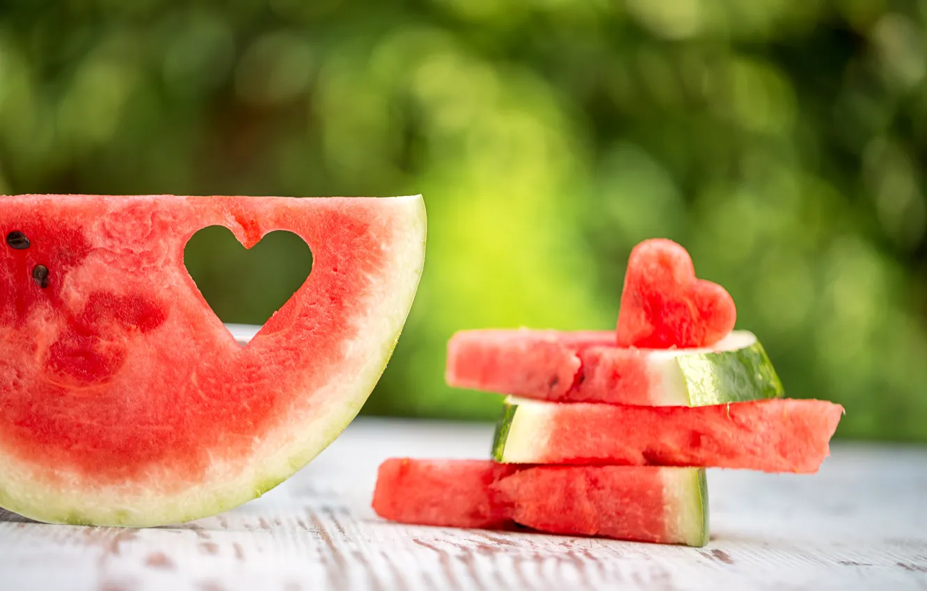 Photo wallpaper greens, red, background, watermelon, hearts, bokeh