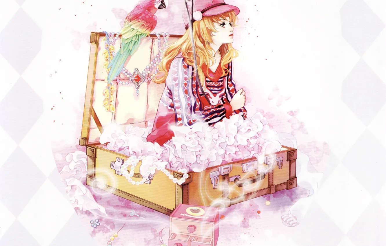 Photo wallpaper girl, umbrella, parrot, box, beads, suitcase, hat, art