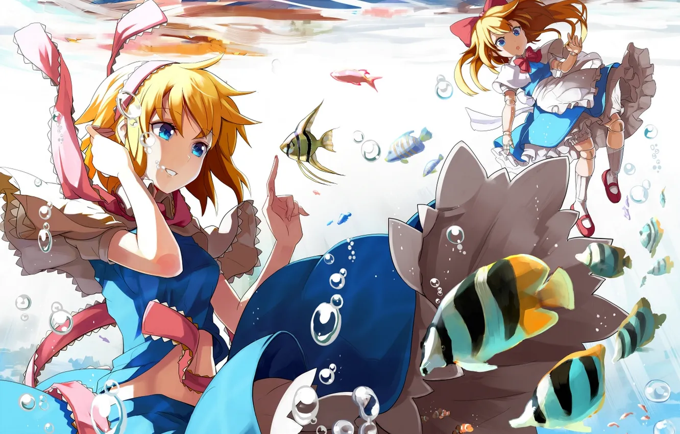 Photo wallpaper girl, fish, tape, bubbles, doll, art, under water, touhou