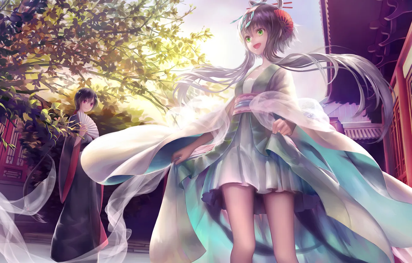 Photo wallpaper girl, smile, fan, kimono