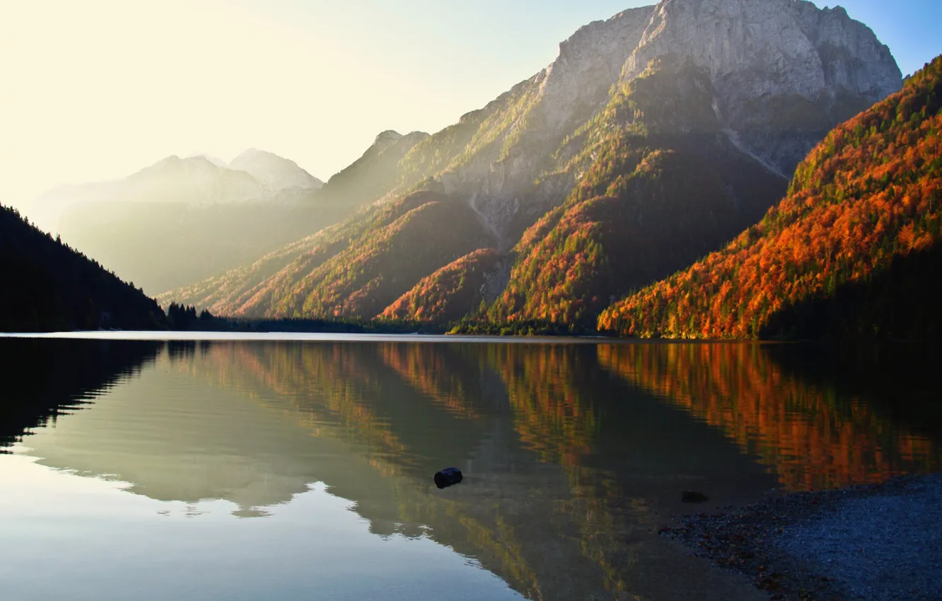 Photo wallpaper autumn, forest, mountains, lake