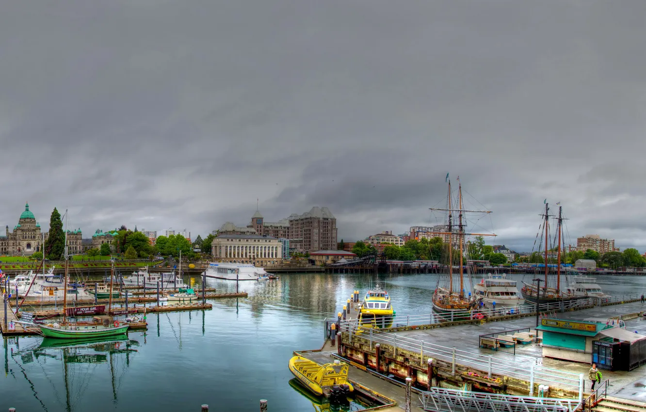 Photo wallpaper river, yachts, boats, Canada, boats, harbour, Downtown, piers