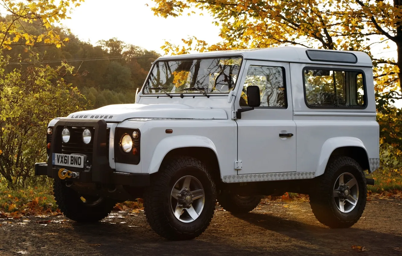 Photo wallpaper white, trees, foliage, jeep, SUV, Land Rover, the front, Defender