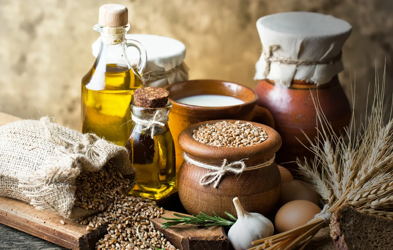 Photo wallpaper oil, eggs, milk, millet, garlic, Krupa