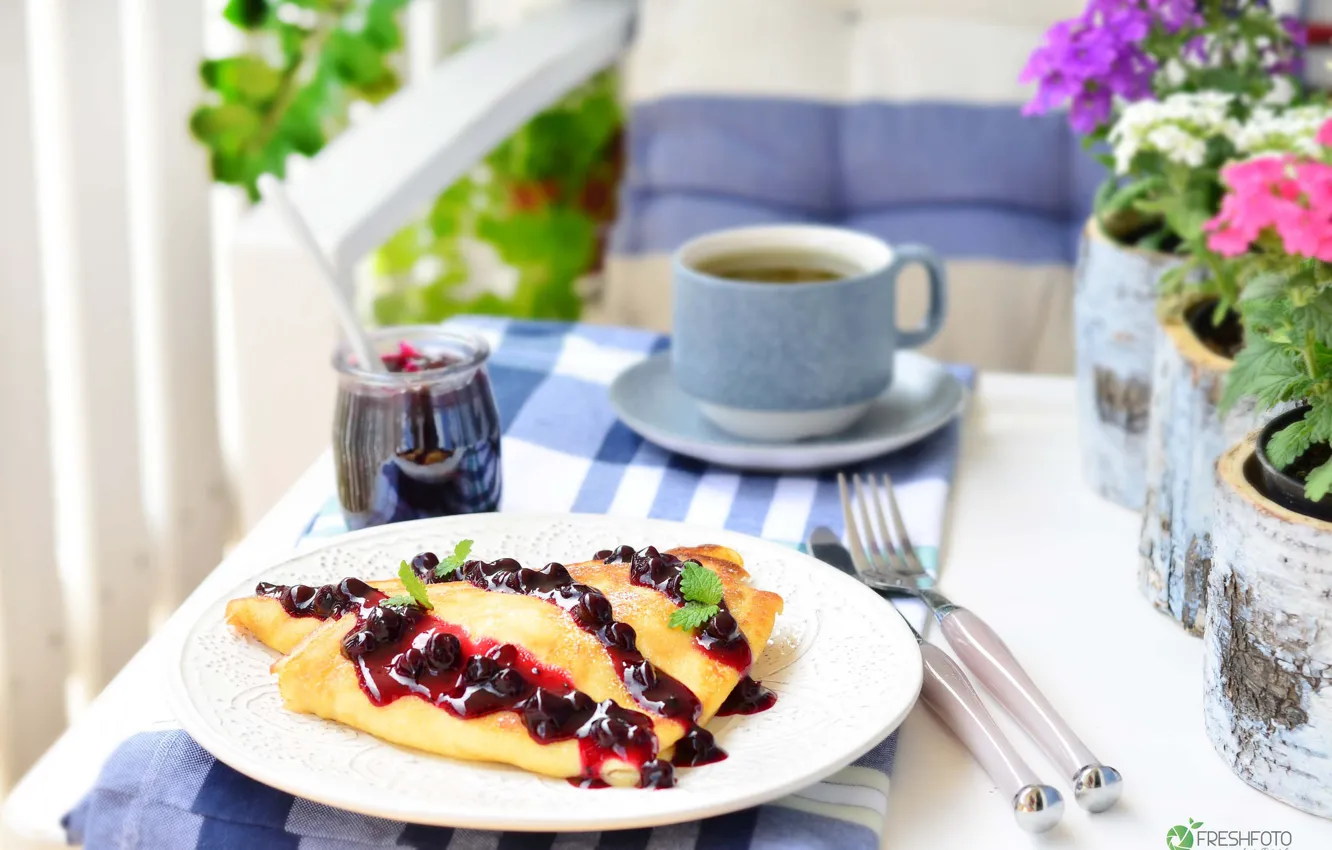 Photo wallpaper tea, Breakfast, currants, jam, pancakes
