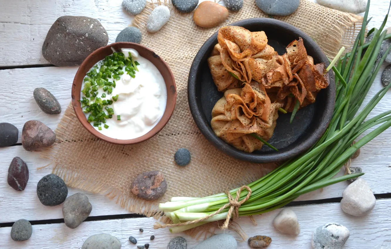 Photo wallpaper bow, pancakes, pouch, sour cream