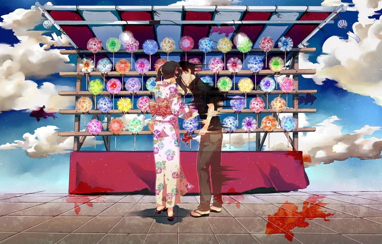 Photo wallpaper the sky, clouds, fish, the wind, spinner, canopy, yukata, showcase