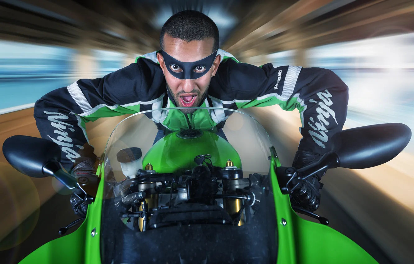 Photo wallpaper speed, mask, motorcycle, racer