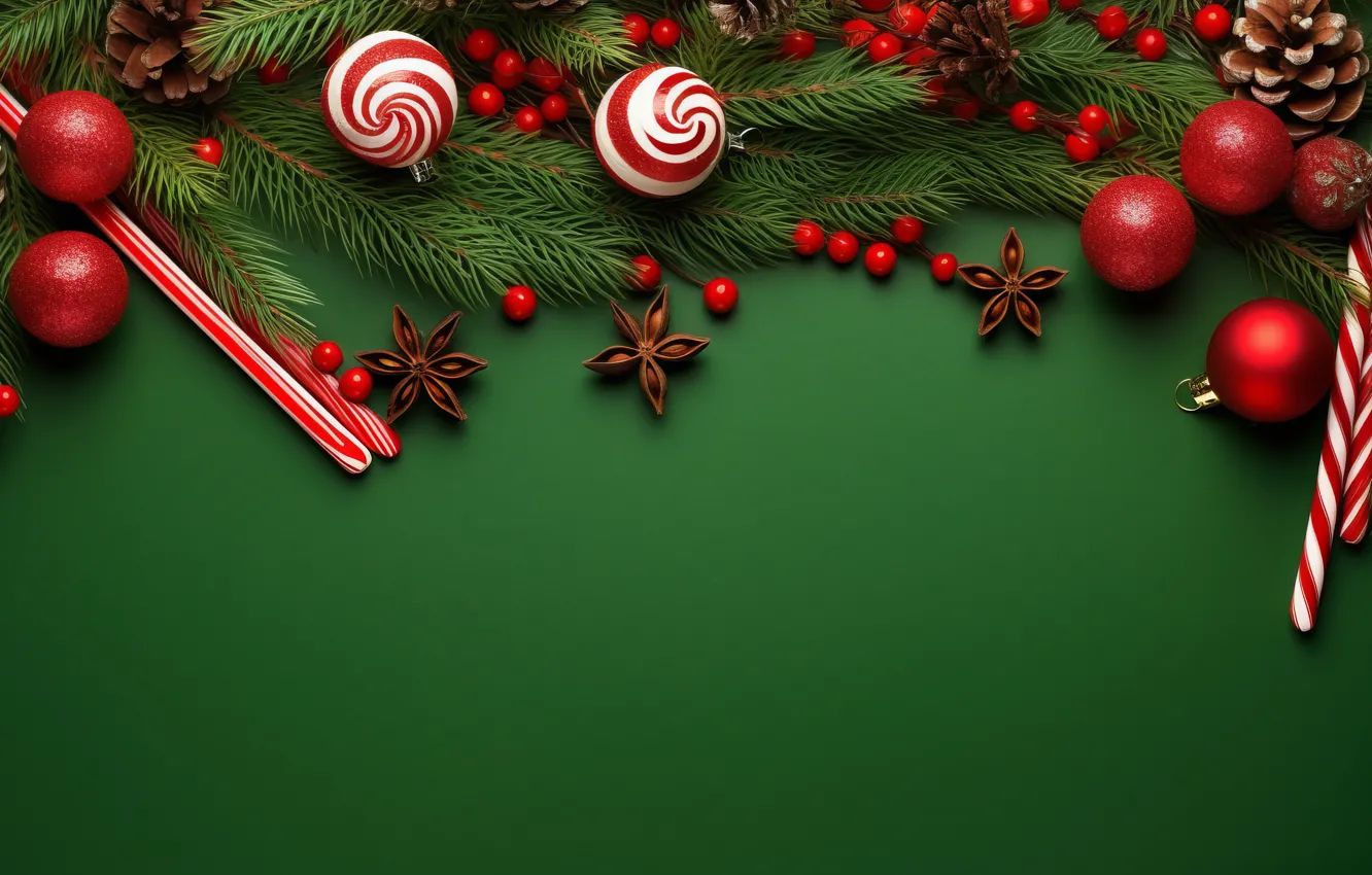 Photo wallpaper balls, branches, red, new year, Christmas, needles, bumps, green background