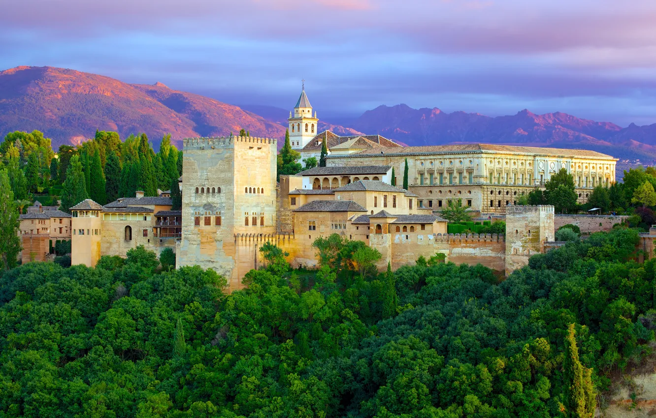 Photo wallpaper forest, trees, mountains, castle, wall, tower, Spain, Alhambra