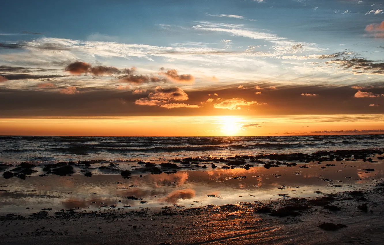 Photo wallpaper sea, wave, the sun, sunset