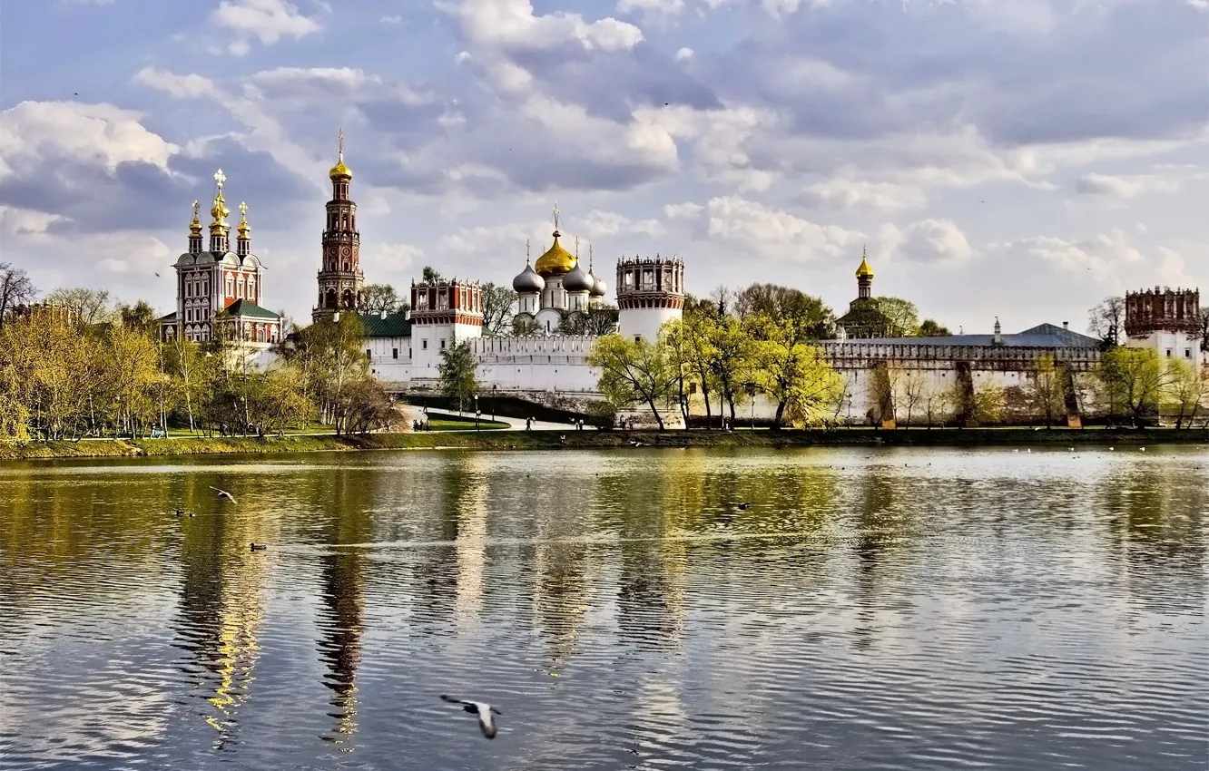Photo wallpaper autumn, the sky, clouds, trees, wall, tower, Moscow, the monastery