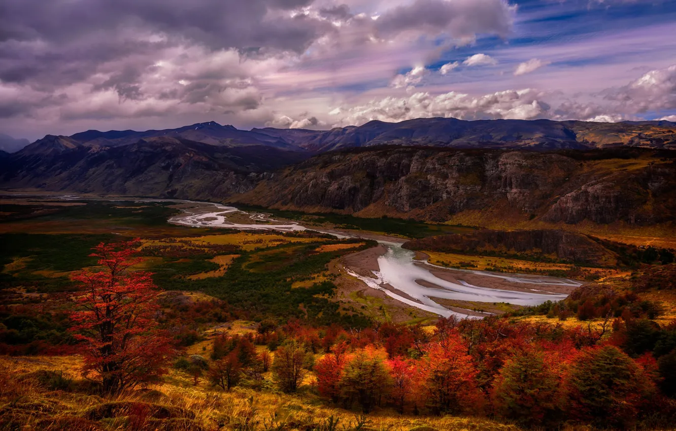 Photo wallpaper autumn, forest, the sky, bright colors, clouds, mountains, river, valley