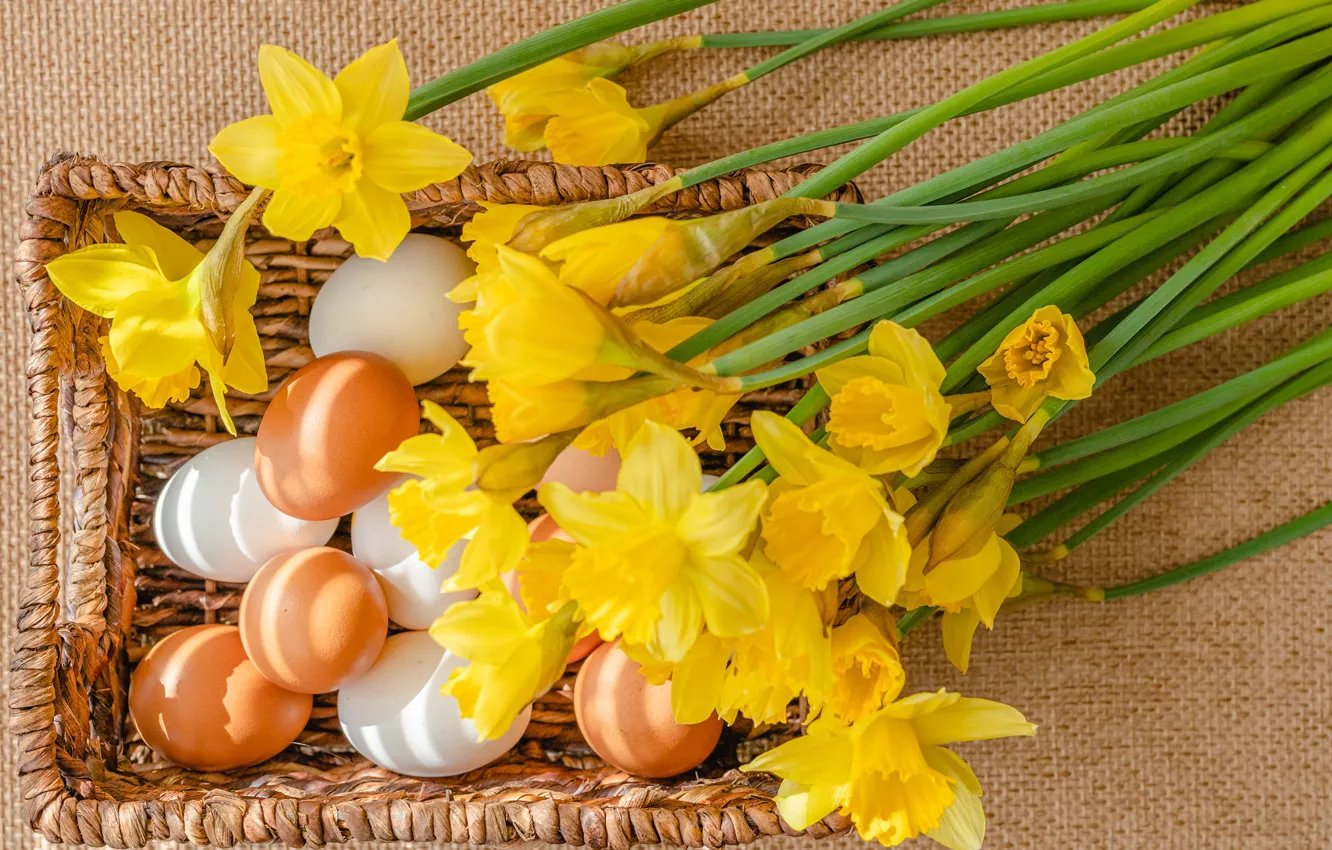 Photo wallpaper light, flowers, yellow, holiday, eggs, bouquet, spring, Easter