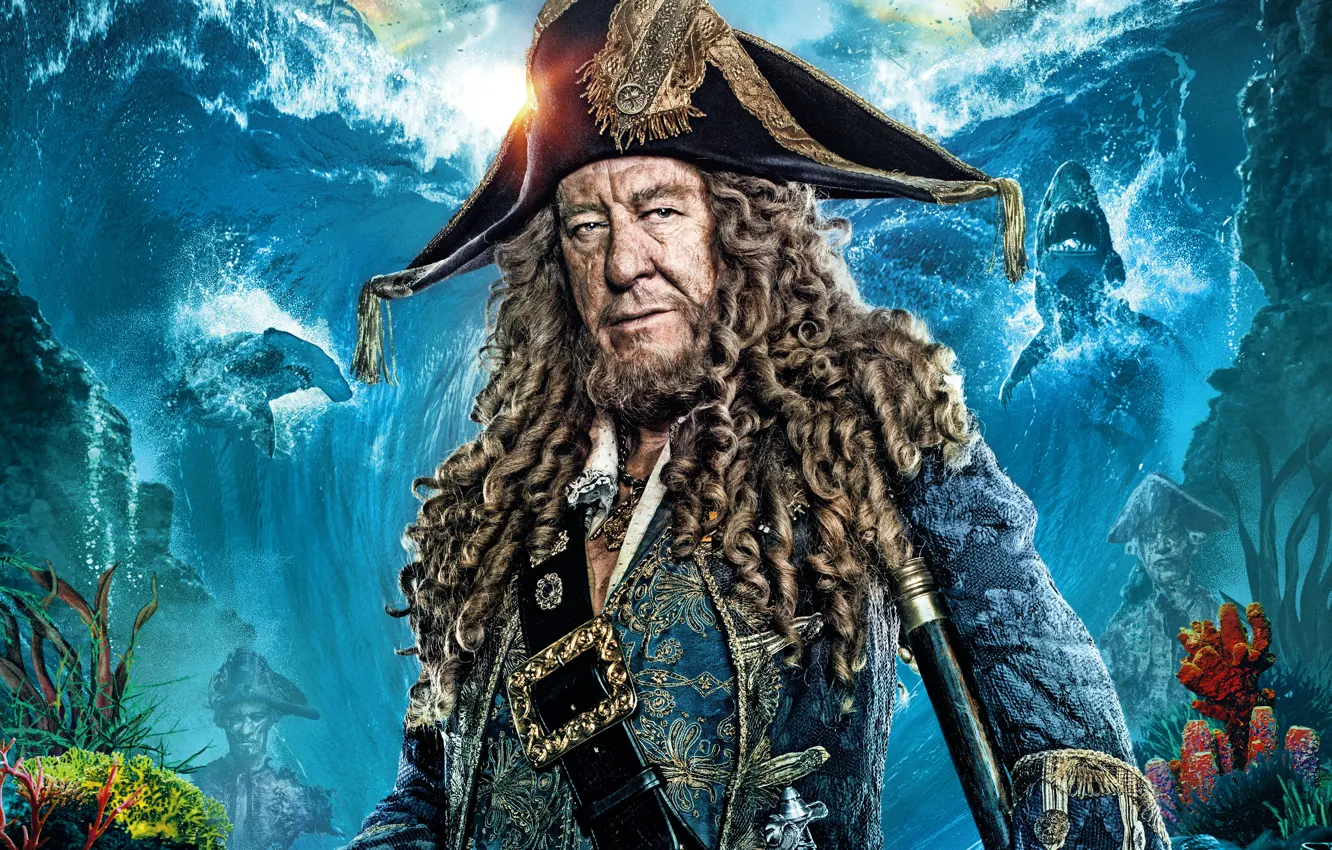 Photo wallpaper wave, background, ship, shark, corals, fantasy, Pirates of the Caribbean, poster