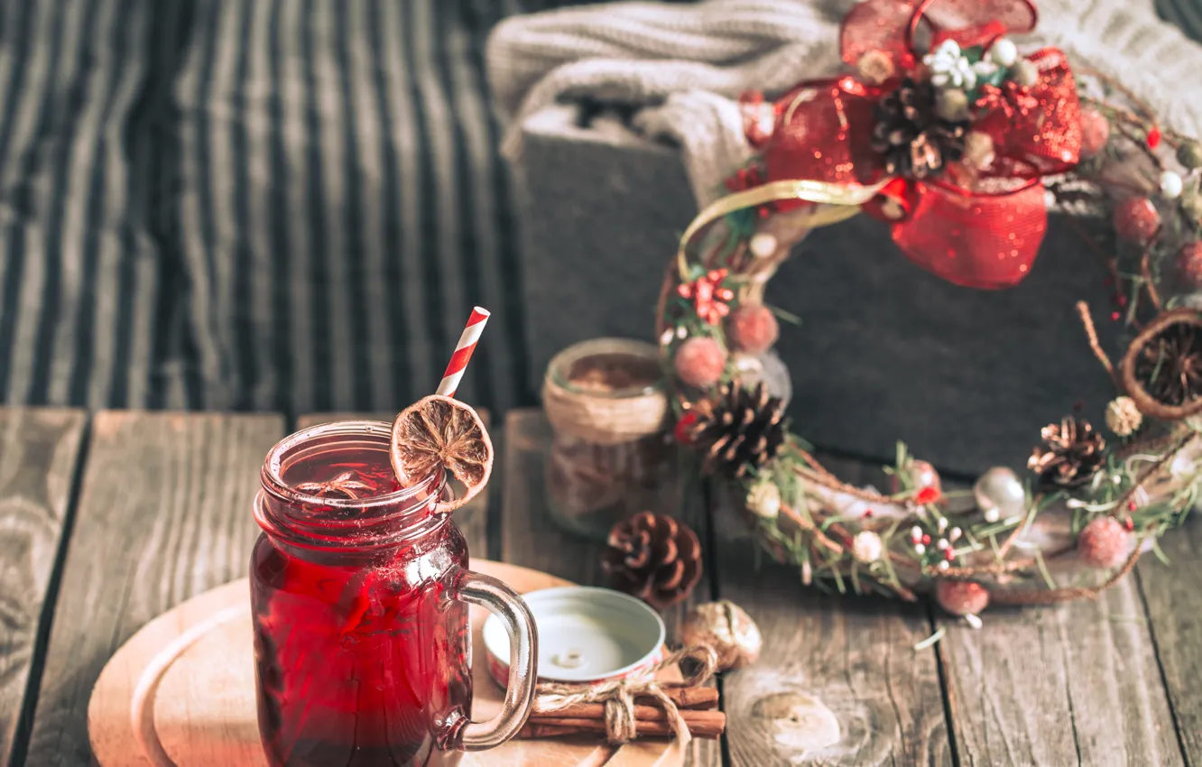 Photo wallpaper decoration, new year, Christmas, mug, Christmas, wreath, New Year, decoration