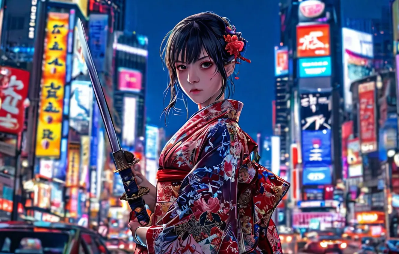 Photo wallpaper katana, skyscrapers, kimono, Asian, night city, cutie, asian, digital art