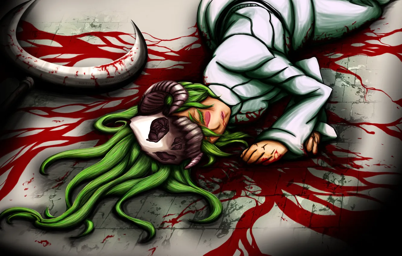 Photo wallpaper girl, weapons, blood, skull, art, green hair, on the floor, bleach