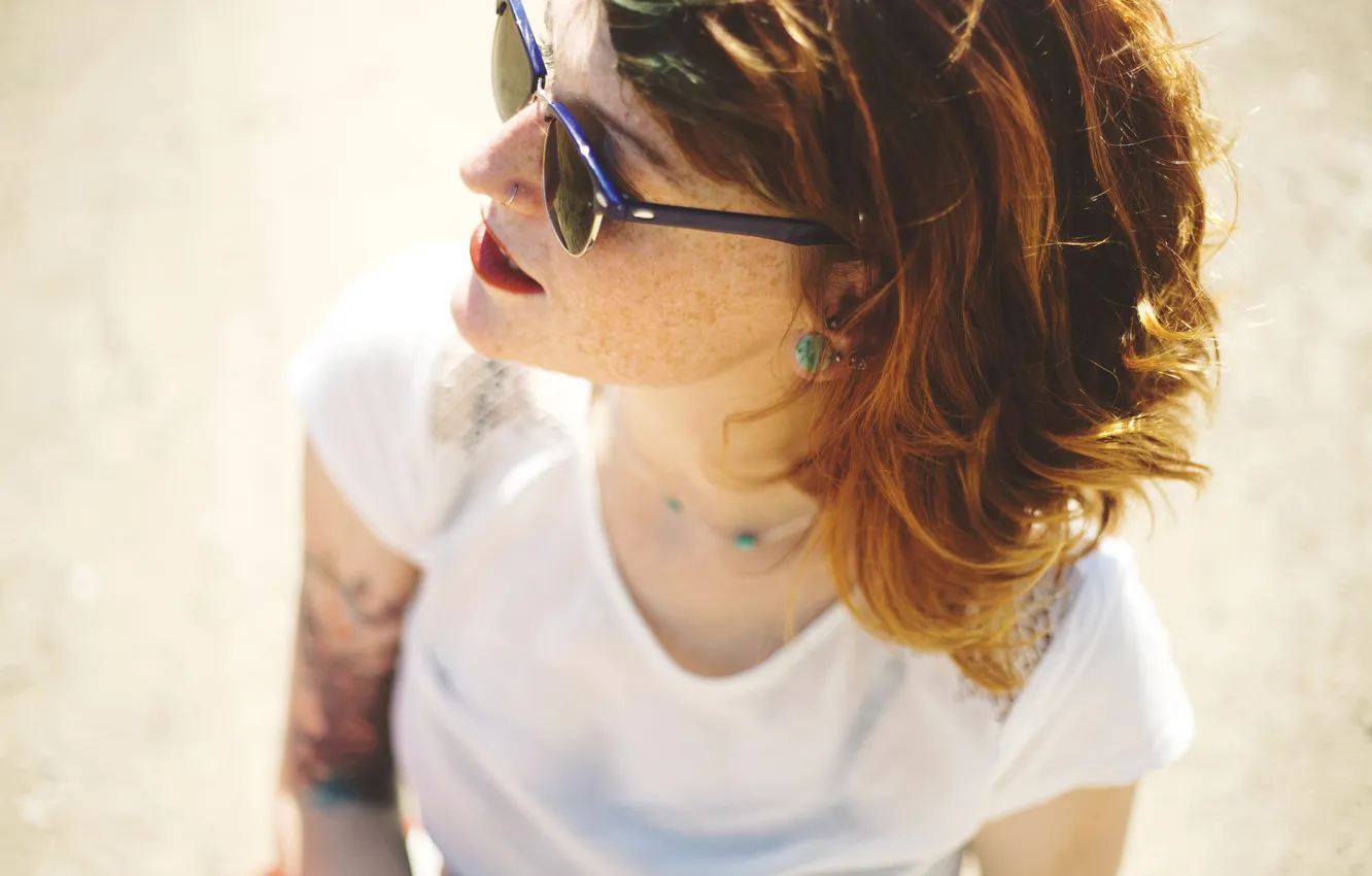 Photo wallpaper girl, piercing, glasses, freckles, red