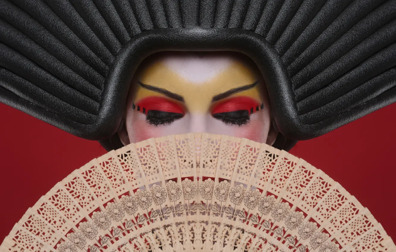 Photo wallpaper face, makeup, fan, geisha