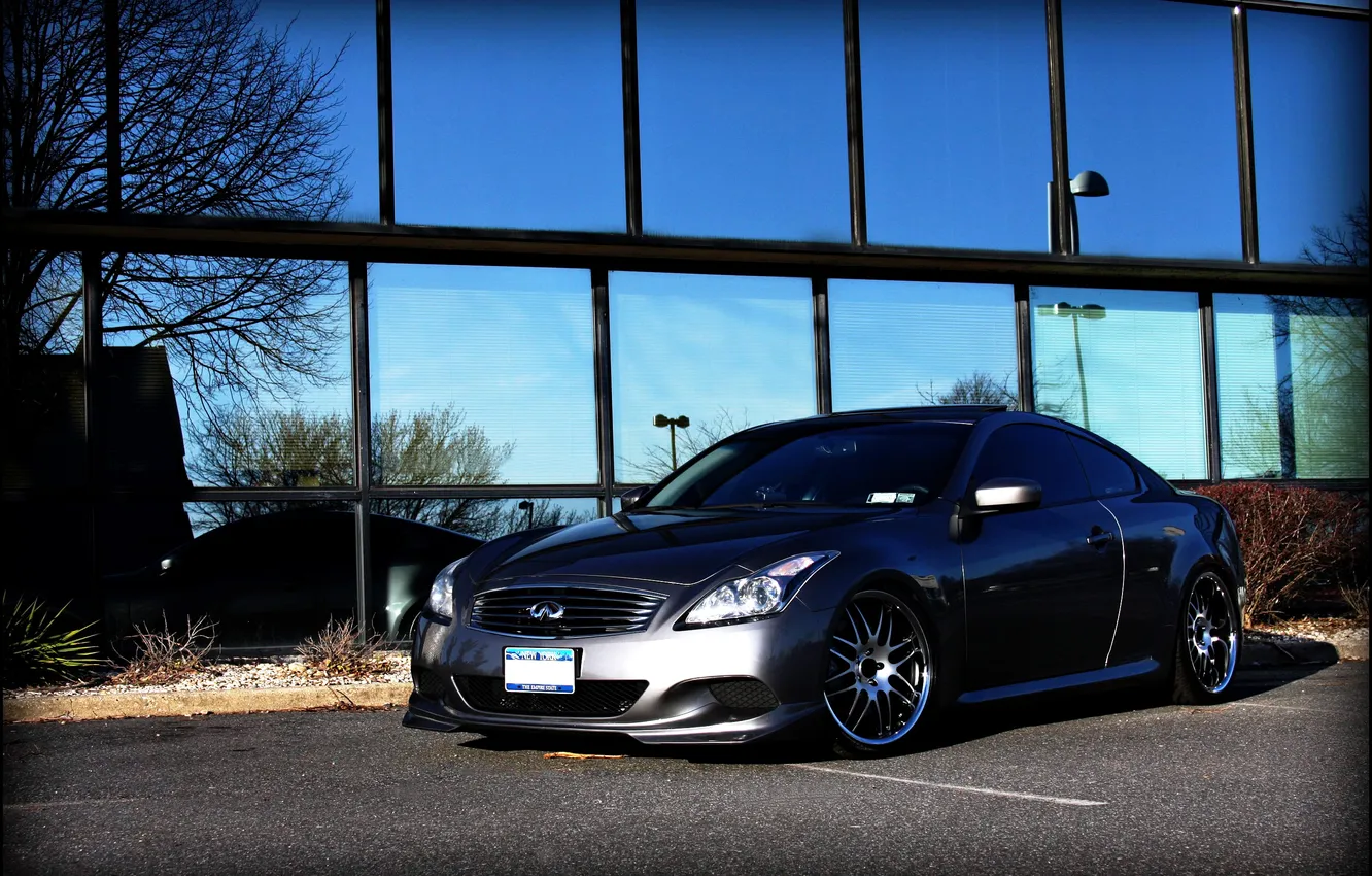 Photo wallpaper glass, reflection, building, silver, Infiniti, infiniti, G37s, Silver