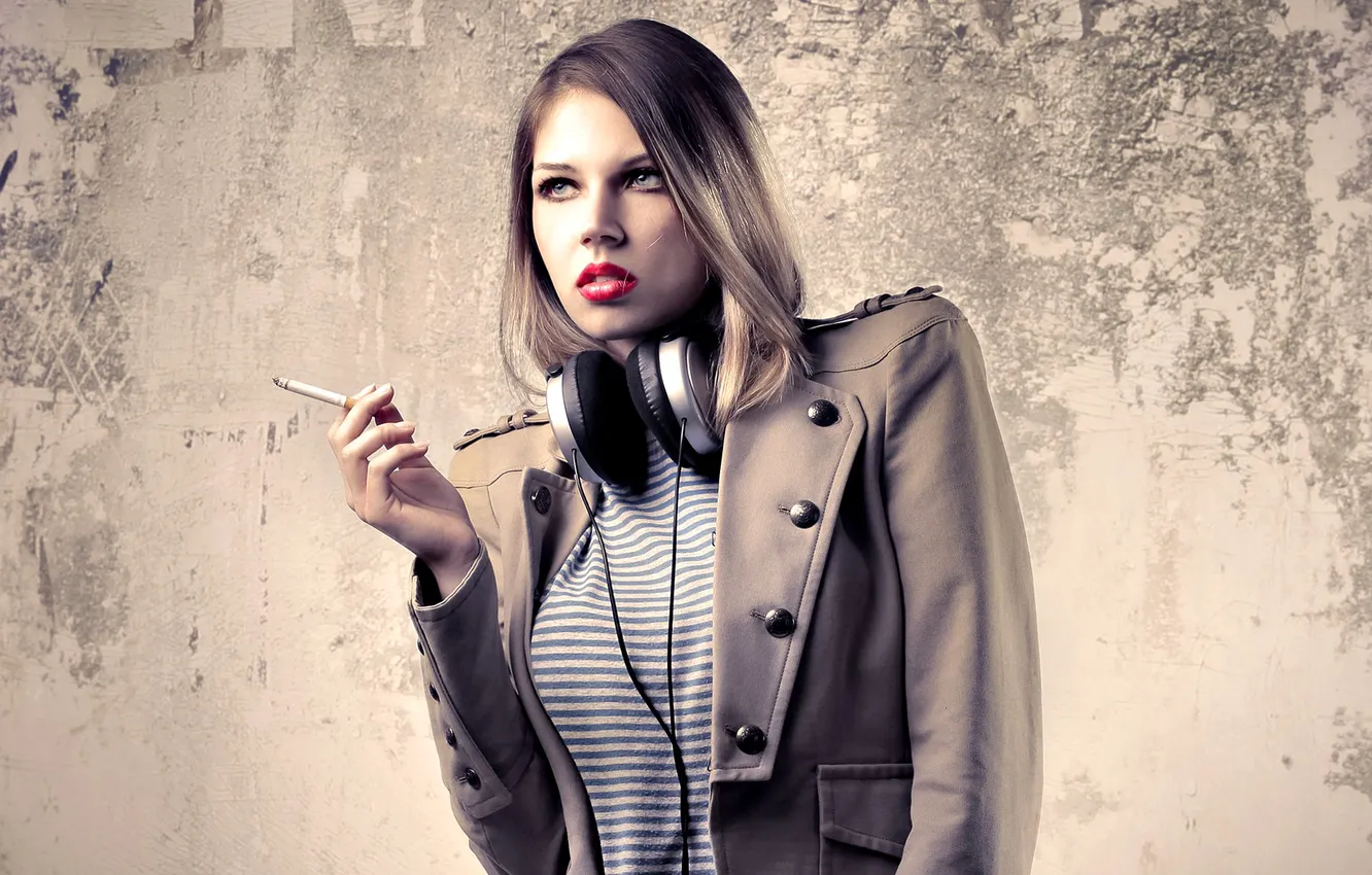 Photo wallpaper look, face, headphones, cigarette, lips, brown hair