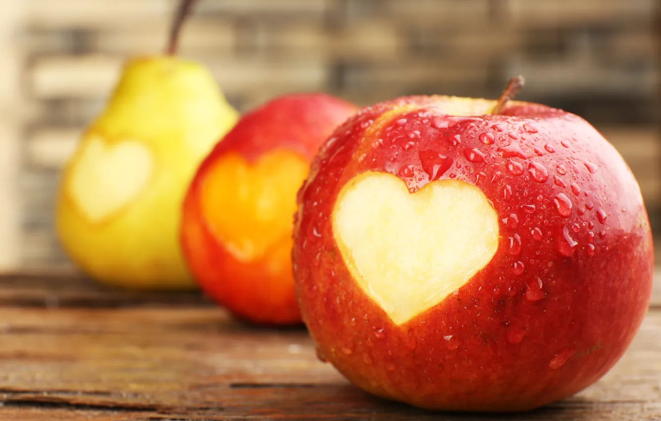 Photo wallpaper drops, apples, heart, fruit, heart, pear