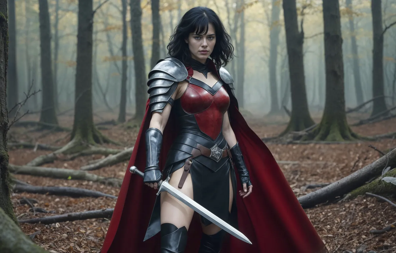 Photo wallpaper girl, trees, sword, warrior, digital art, AI art, The Art of Artificial Intelligence, neural network