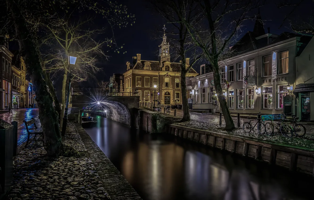 Photo wallpaper night, bridge, home, channel, Netherlands, Edam
