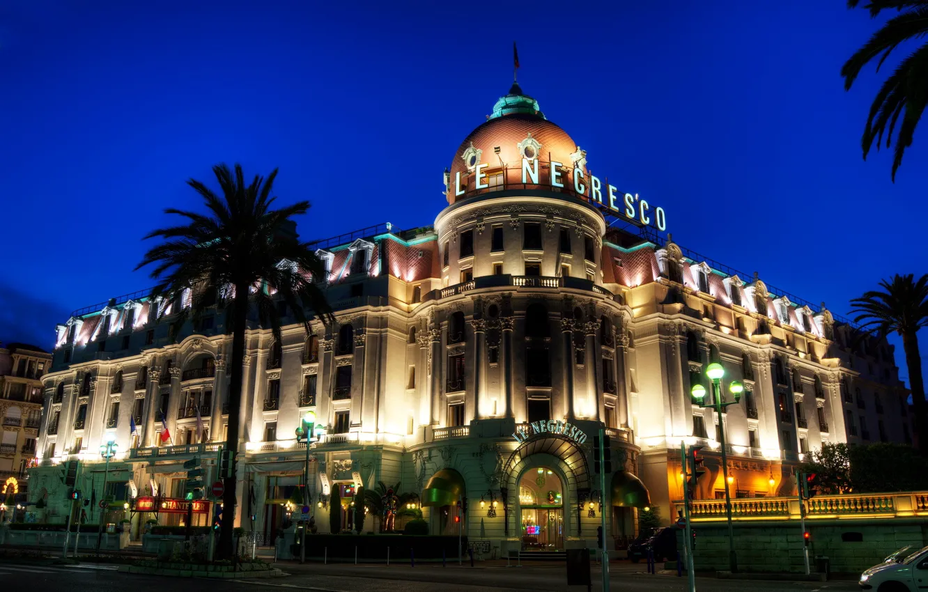 Photo wallpaper city, palm trees, the evening, the hotel, architecture, night, france, hotel