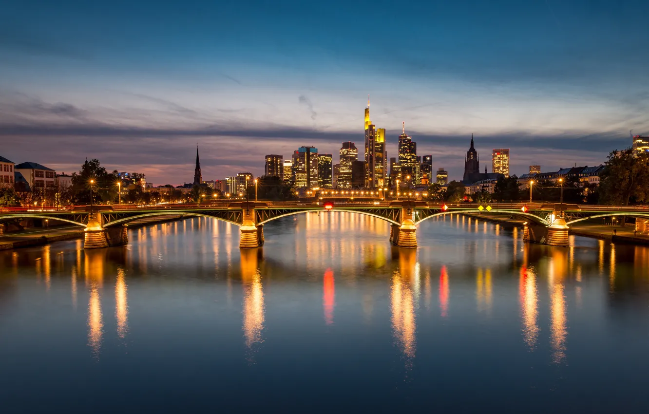 Photo wallpaper bridge, the city, lights, river, building, skyscrapers, the evening, Germany