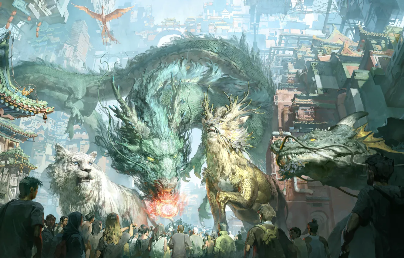 Photo wallpaper the city, dragon, people, home
