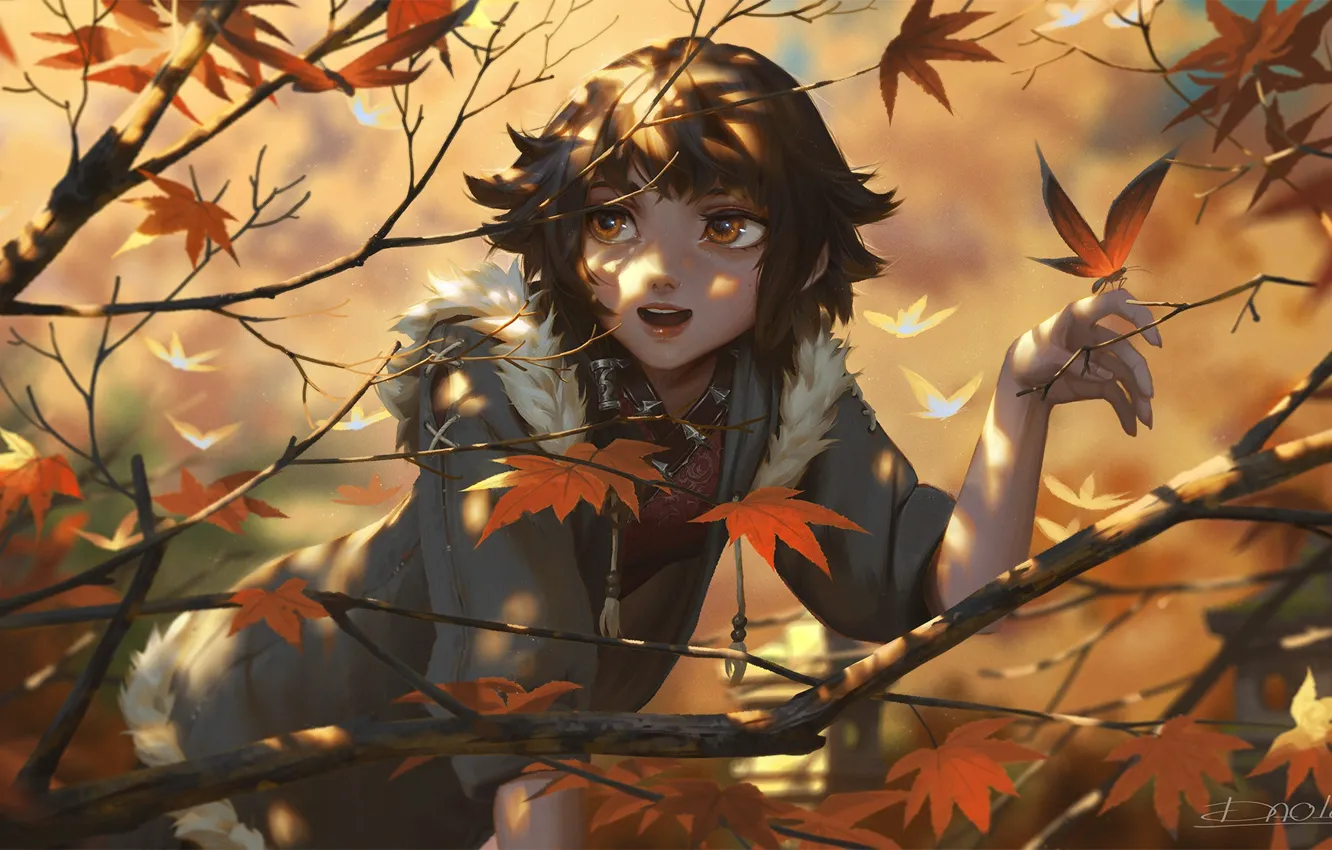 Photo wallpaper autumn, branches, foliage, positive, girl, girl, maple, brown eyes